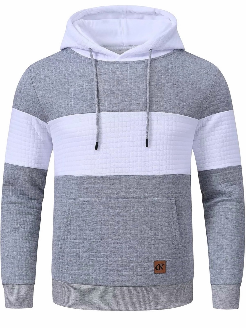 Men's Grey & White Quilted Hooded Pullover Sweatshirt